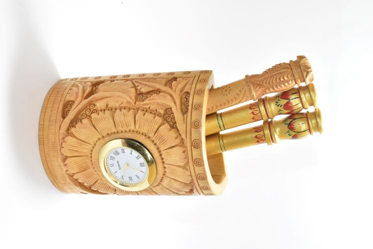 Wooden Pen Stand Carved Watch 4 Inch 2